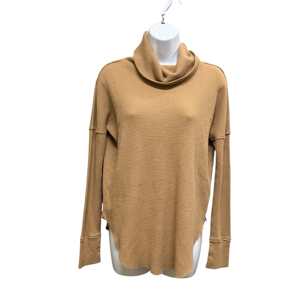 TNA Brown High Neck Raw Hem Waffle Knit Long Sleeve Slouchy Top Size XS